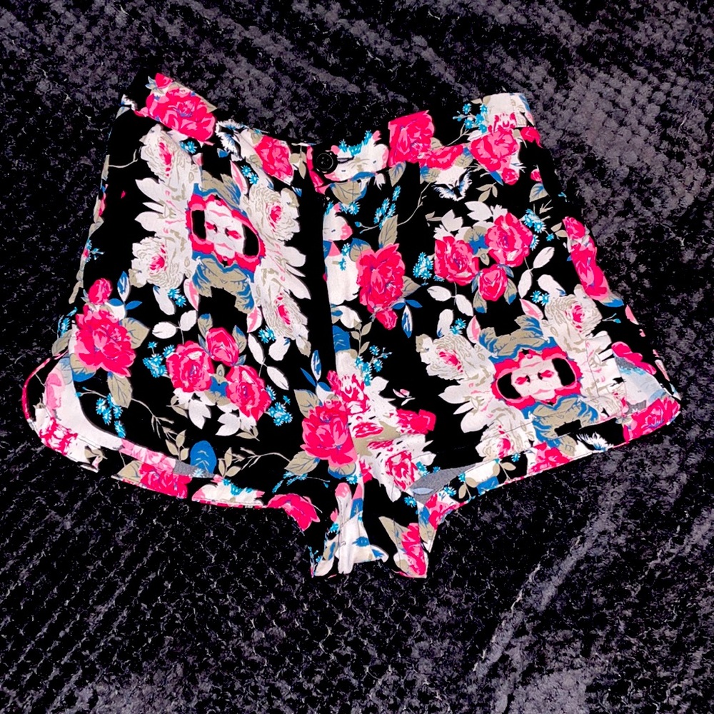 High Waisted Fancy Black, Blue, Cream & Pink Floral Formal Flower Shorts